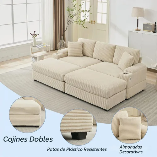Vista 3 de Sofá seccional de 86.6 pulgadas con 2 otomanas, cómodo sofá convertible modular Cloud tapizado de pana con portavasos y USB, almacenamiento