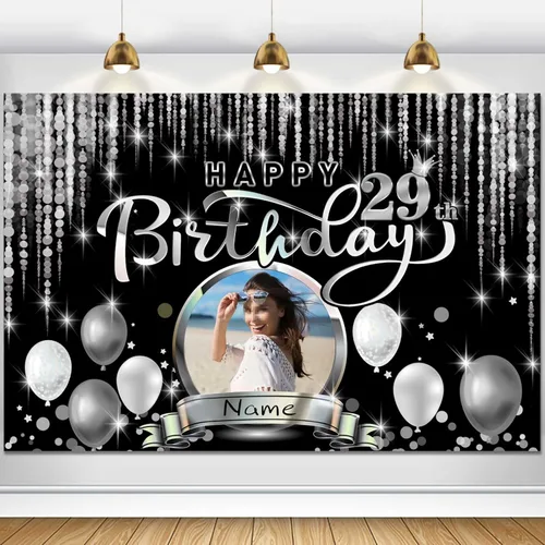 Vista 53 de Cartel de decoración de feliz cumpleaños número 100 personalizado - Personalización disponible - Negro y plateado - Tamaño grande - Admite fotos