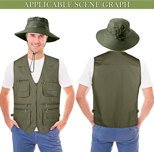 Vista 4 de Janmercy Chaleco de pesca de trabajo para hombre, 2 piezas, con sombrero, ligero, safari, viajes, caza, con múltiples bolsillos, sombrero de pesca