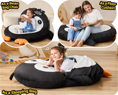 Vista 4 de Hobestluk Puf - Cojín de suelo para puf, puf para adultos, tumbona para sala de estar, dormitorio o sala de juegos (negro, mediano, pingüino)