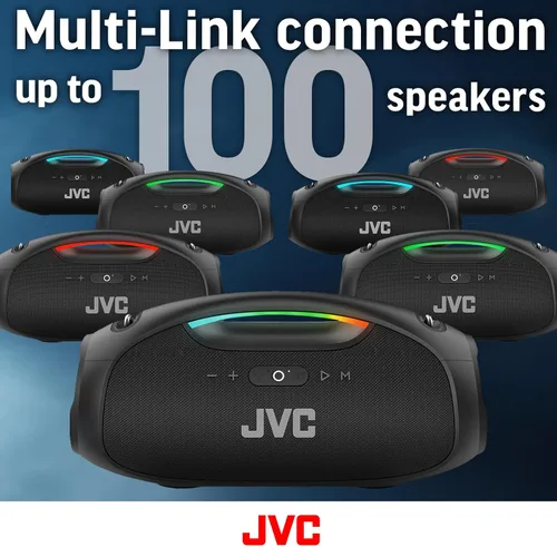 Vista 3 de JVC Altavoz Bluetooth inalámbrico portátil - 120W con doble woofer de graves profundos, iluminación RGB, Boombox para interior/exterior, Bluetooth