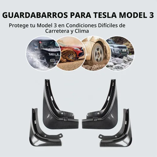 Vista 4 de Tesla Model 3 - Juego de 4 guardabarros sin perforación, protectores contra salpicaduras color negro, para Tesla Model 3 2017-2023 (fibra de carbono)