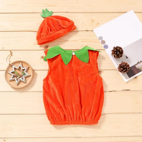 Vista 3 de Disfraz de calabaza para bebé niño y niña, disfraz de calabaza para Halloween, chaleco de burbujas, body con sombrero, calcetines y trajes