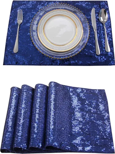 Vista 23 de Juego de 4 manteles individuales de lentejuelas color azul marino, manteles redondos de 15 pulgadas resistentes al calor para comedor, fiestas