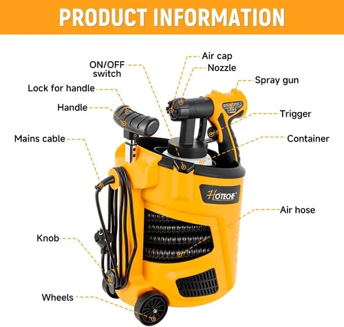Vista 2 de Hoteche Pulverizador de pintura eléctrico HVLP de 700 W Contenedor de 27.1 fl oz, boquilla de 0.098 in, flujo de 33.8 fl oz/min, manguera de 9.8 ft
