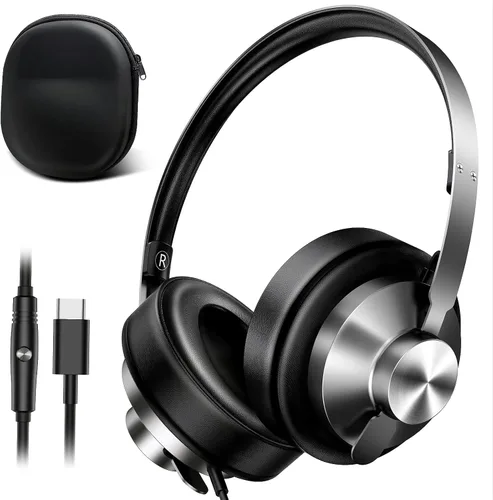 Vista 10 de INFURTURE - Auriculares USB C con micrófono, control de volumen, cable sin enredos, auriculares tipo C con cable, plegables y ligeros para iPhone