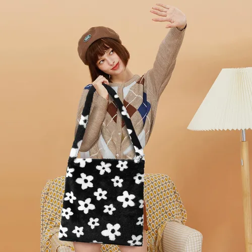 Vista 8 de Bolso de mano peludo y esponjoso, bolso grande y mullido, lindo bolso de felpa con cremallera para mujeres y niñas, bolso de hombro de piel