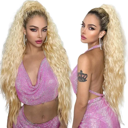 Vista 7 de HOOJIH Extensión de cola de caballo, extensiones de cabello con cordón para cola de caballo de 26 pulgadas de largo, pelo rizado y ondulado natural