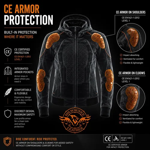 Vista 5 de Chaqueta de motociclista Milwaukee Leather MPL2764 para mujer, estilo de competición, con capucha, negra, de concha suave y blindada