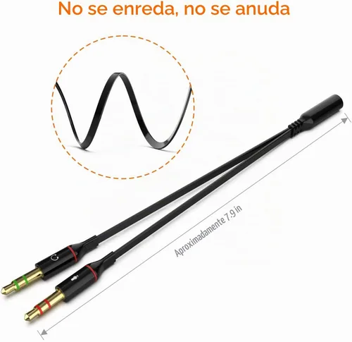 Vista 4 de Audífonos y micrófono Maeline bañado en oro de 3.5 mm hembra a 2 macho y Splitter de cable plano