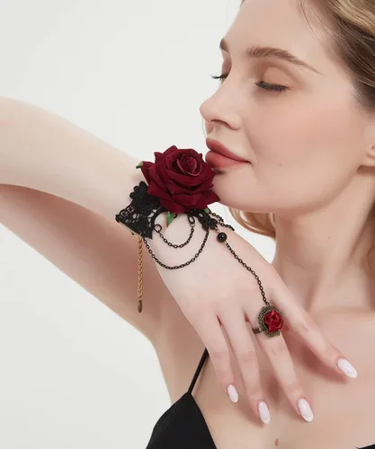 Vista 2 de Pulsera gótica de encaje con anillo de dedo, pulsera esclava de flores rosas, arnés de fiesta Lolita Costome, cadena de mano para mujeres, novias