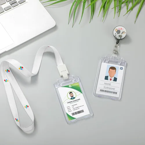 Vista 5 de Tinlade Paquete de 10 portatarjetas de plástico duro con bloqueo permanente, soporte vertical transparente para tarjetas de identificación, funda