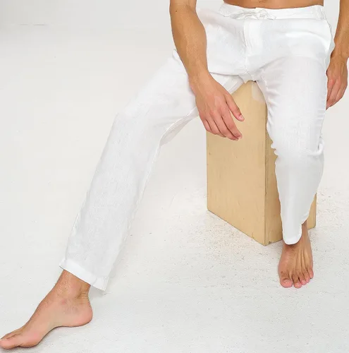 Vista 4 de Pantalones casuales 100% lino para hombre con cordón y cintura elástica