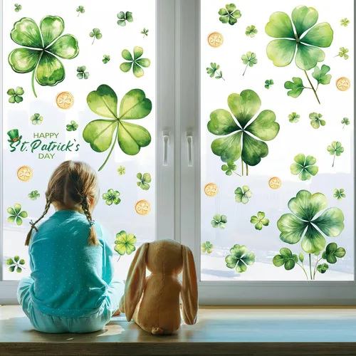 Vista 4 de Adhesivo de trébol para ventana, acuarela, trébol de la suerte de 4 hojas, Día de San Patricio, ventana, color verde, para el día de San Patricio