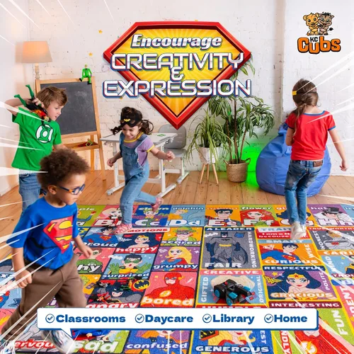 Vista 8 de DC Super Friends - Alfombra educativa para niños, alfabeto, emociones y rasgos de héroe ABC, alfombra de aprendizaje de habilidades sociales