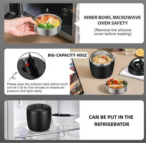 Vista 7 de Recipiente aislado para almuerzo de 40 onzas con bolsa térmica y cuchara plegable, tarro de alimentos de acero inoxidable a prueba de fugas, caja