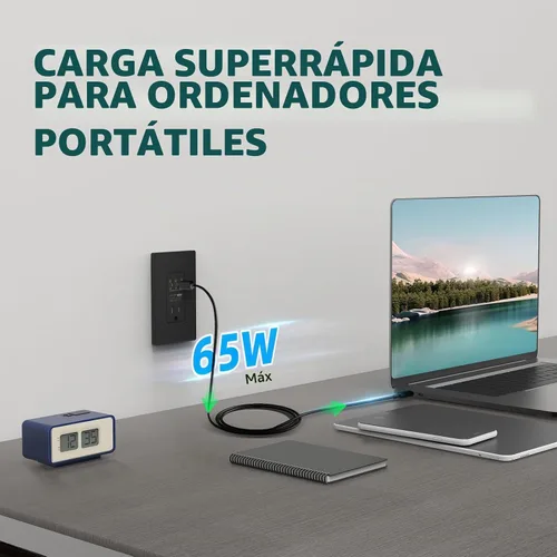 Vista 2 de TOPELER Tomacorriente USB de pared negra, tomacorriente USB de carga ultrarrápida GaN de 65W para laptop, receptáculo resistente a manipulaciones