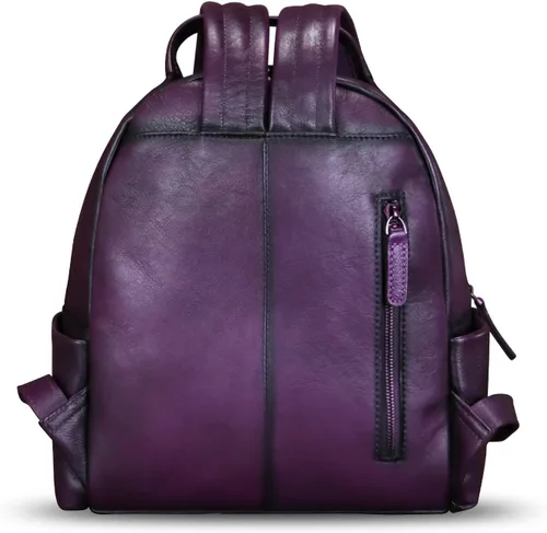 Vista 3 de IVTG Mochila de cuero genuino para mujer, mochila vintage a la moda, hecha a mano, casual, mochila de día, Púrpura, Mochilas Daypack