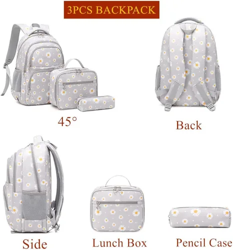 Vista 3 de Mochila con estampado de margaritas para niñas de secundaria y primaria, juego de mochila con lonchera (negro)