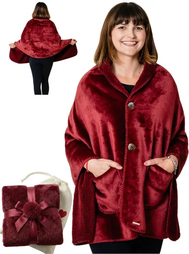 Vista 8 de EzrAllora Manta Poncho de Doble Capa Premium para Mujeres -Ponte y Listo Sin Mangas- Chal de Vellón Sherpa con Bolsillos - Manta Vestible - Regalos
