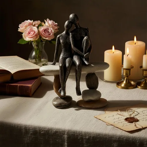 Vista 8 de Lescafita Figurillas Románticas de Pareja Escultura – Escultura Abstracta de Pareja en Banco de Piedra, Estatua de Decoración Moderna para el Hogar
