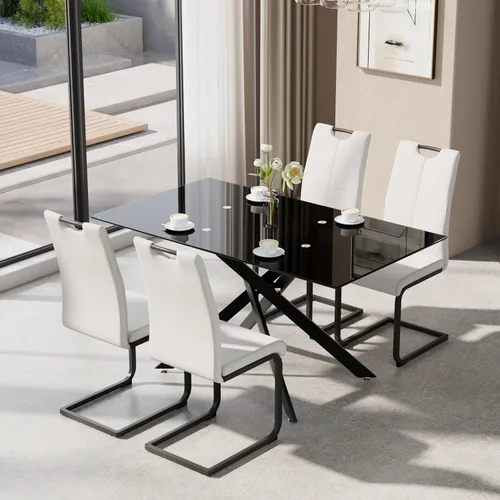 Vista 13 de Juego de mesa de comedor de 5 piezas para 4, mesa rectangular moderna de cristal con 4 sillas tapizadas de cuero, juegos de mesa y sillas de comedor