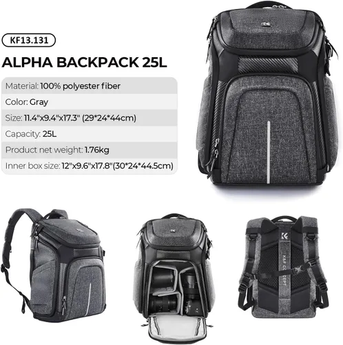 Vista 3 de K&F CONCEPT Mochila para cámara, bolsa para cámara réflex digital de 03-Negro