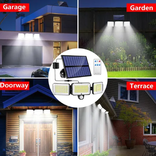 Vista 7 de 224 luces solares LED para exteriores con 3 cabezales, 3 modos de luces solares con sensor de movimiento con cable de 16.4 pies y control remoto