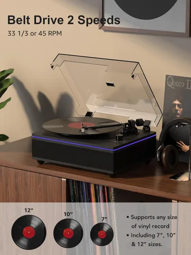 Vista 2 de Tocadiscos con altavoces integrados Bluetooth 5.3, tocadiscos de 2 velocidades para discos de vinilo, tocadiscos de alta fidelidad con cartucho