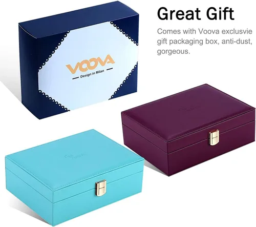 Vista 7 de Voova - Joyero organizador para mujeres y niñas, 2 capas de almacenamiento de joyas grandes para hombres, soporte para joyas de piel sintética