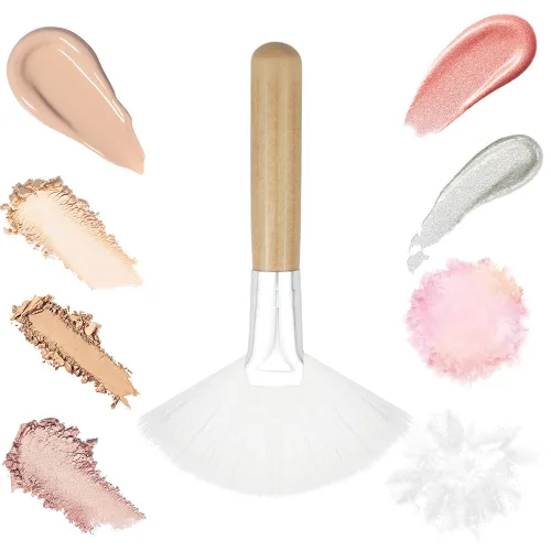 Vista 3 de Paquete de 4 cepillos de abanico para mujer, cepillo de cerdas suaves para resaltar la cara, cepillo para rubor con mango largo, cepillos