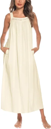 Vista 14 de YOZLY Camisones de algodón para mujer con bordado, sin mangas, con bolsillos S-XXXL