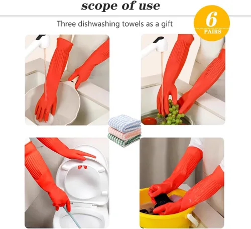 Vista 6 de 6 pares de guantes de goma reutilizables impermeables de 17.8 pulgadas de longitud hasta el codo para limpieza del hogar y lavado de platos de cocina