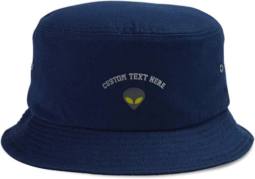 Vista 6 de Custom Bucket Apparel Sombrero Alien Gris Cabeza Ojos Amarillos Bordado para Hombres y Mujeres Solo diseño negro.