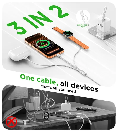 Vista 5 de Esenciales de viaje para cargador de Apple Watch, cargador de iPhone, cable de carga de viaje 3 en 2 tipo C/Lightning/magnético, cable de carga