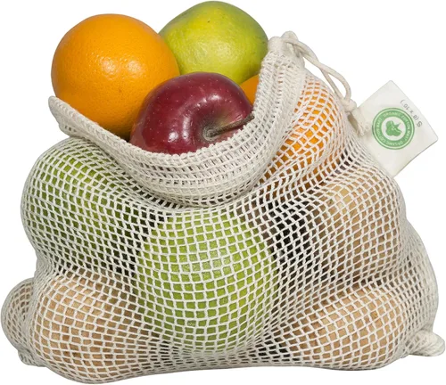 Vista 11 de Bolsas reutilizables de malla de algodón para productos – 100% algodón orgánico, duraderas, doble costura, lavables con peso de tara y cordón