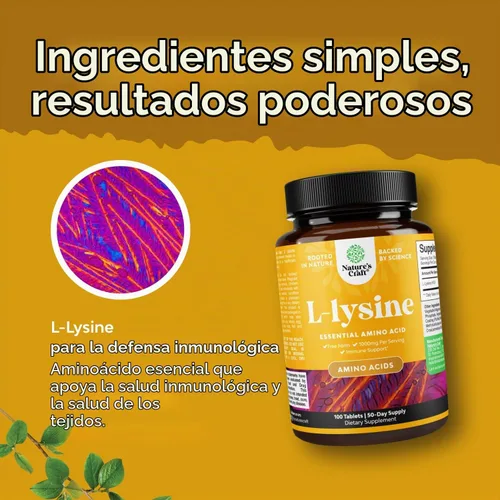 Vista 3 de Natures Craft Cápsulas de forma libre de L-lisina, suplemento de L-lisina de alta resistencia para la salud ocular, cuidado de los labios, síntesis