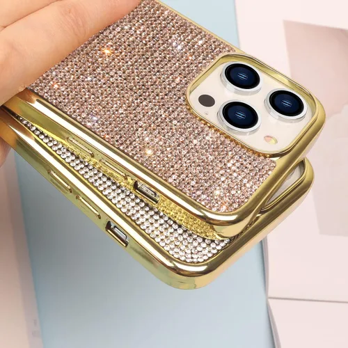 Vista 4 de LUVI Bonita funda compatible con iPhone 13 Pro Max Bling Diamond para mujer, con diamantes de imitación 3D, cubierta protectora brillante con Oro