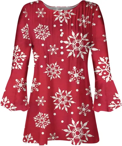 Vista 4 de Blusa de Navidad para mujer, con manga 34, con botones, cuello en V, sin botones, con dobladillo curvado suave