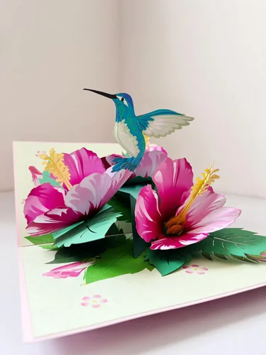 Vista 2 de Tarjeta de felicitación desplegable de hibisco y colibrí 3D para cumpleaños, solo porque pensar en ti, jubilación, recuperarse, felicitaciones