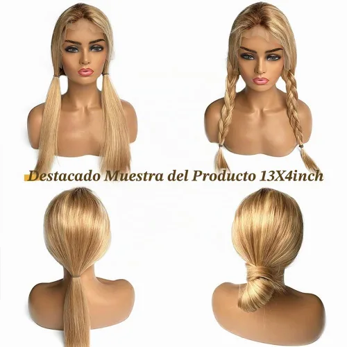 Vista 5 de Pelucas de encaje frontal rubio con reflejos, cabello humano 13x4, malla frontal transparente HD, estilo ombre, color marrón dorado a rubio