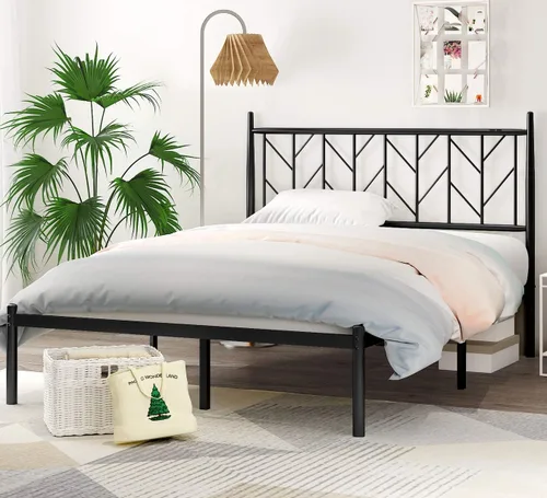 Vista 8 de SHA CERLIN Base de cama de metal con cabecera vintage, plataforma resistente con postes redondos, 12 pulgadas debajo de la cama para almacenamiento