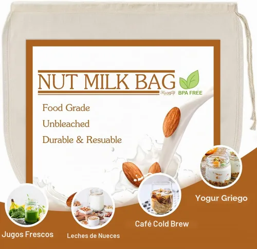 Vista 5 de 3 bolsas de leche de nuez de 12 x 12 pulgadas, 100% algodón sin blanquear, colador de alimentos reutilizable para colar leche de almendra/avena