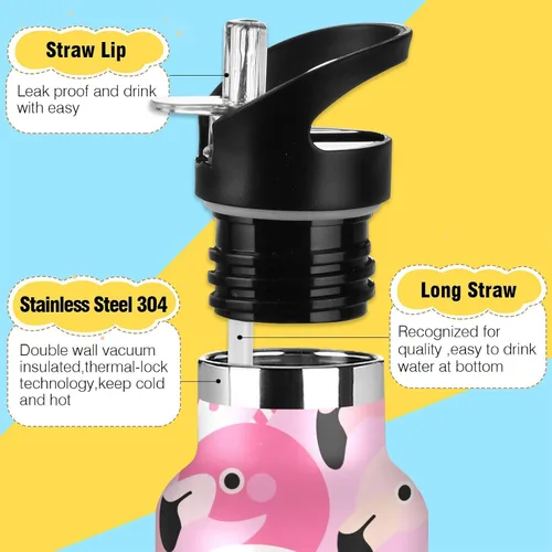 Vista 3 de Cartoon Cute Flamingo Pink Lightweight Insulated Water Bottle with Leak Proof Spout Lid Double Wall Vacuum Insulated Bottles for Sports, Travel, and