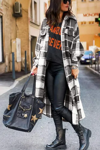 Vista 2 de Yousify Chaqueta larga con solapa a cuadros cepillada y bolsillos para mujer