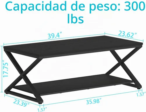 Vista 2 de HSH Mesa auxiliar rectangular de 39 pulgadas con almacenamiento para sala de estar, roble negro 2-Tier Display Storage Shelf, Modern Wood Metal