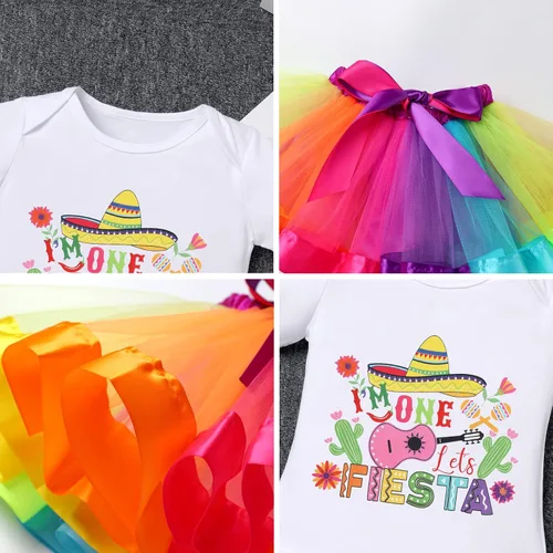 Vista 6 de IMEKIS Mameluco para bebé niña con diseño de My First Cinco De Mayo, falda tutú arcoíris + sombrero mexicano, ropa para pastel de cumpleaños