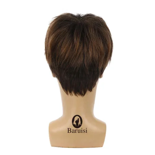 Vista 6 de Peluca corta para hombre color marrón, peluca de pelo sintético natural en capas marrón (Brown 1)