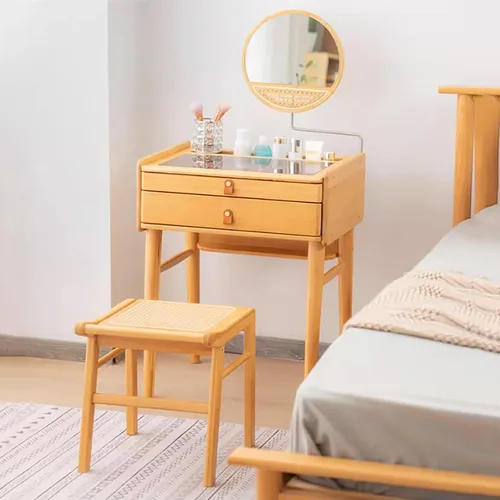Vista 6 de Escritorio de maquillaje para dormitorio con espejo, tocador con 2 cajones, escritorio de tocador con silla de tocador, juego de tocador