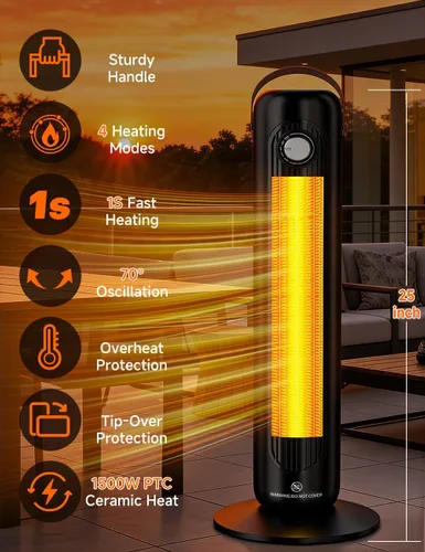 Vista 2 de Calentador eléctrico de cerámica PTC de 1500 W con 4 modos, calefacción 1S de 350 pies cuadrados, calentadores de patio oscilantes de 70° para uso